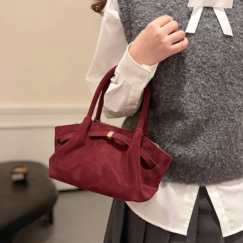 MOODS Burgundy Round Top-handle Bags For Women Soft Suede Shoulder Cross Body Cloud Bag 2024 Luxury Designer Purses And Handbags image 4