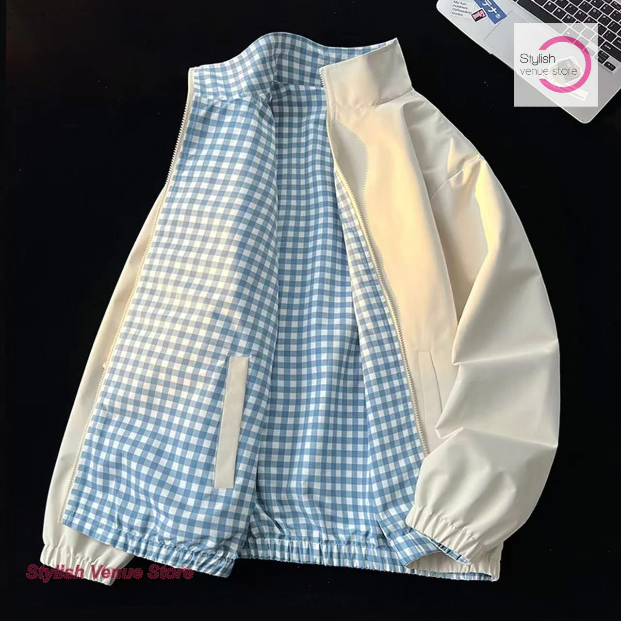 American style fashion retro two-sided plaid jacket jacket women's spring and autumn new casual lapel wide coat loose Joker.