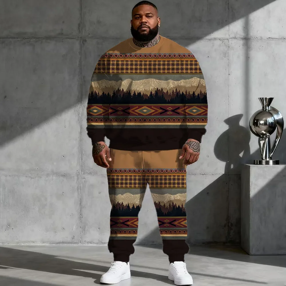 Men's Plus Size Crewneck Sweatshirt and Joggers Set, Retro Geometric Border Prints in Neckline or Horizontal Band Designs S-9XL