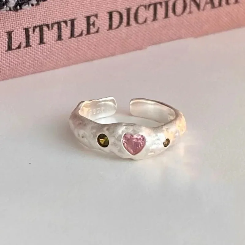 Sweet Personality Adjustable Irregularly Texture Heart-shaped Pink Crystal Ring for Woman Girls Korean Y2K Jewelry 2026 New Gift