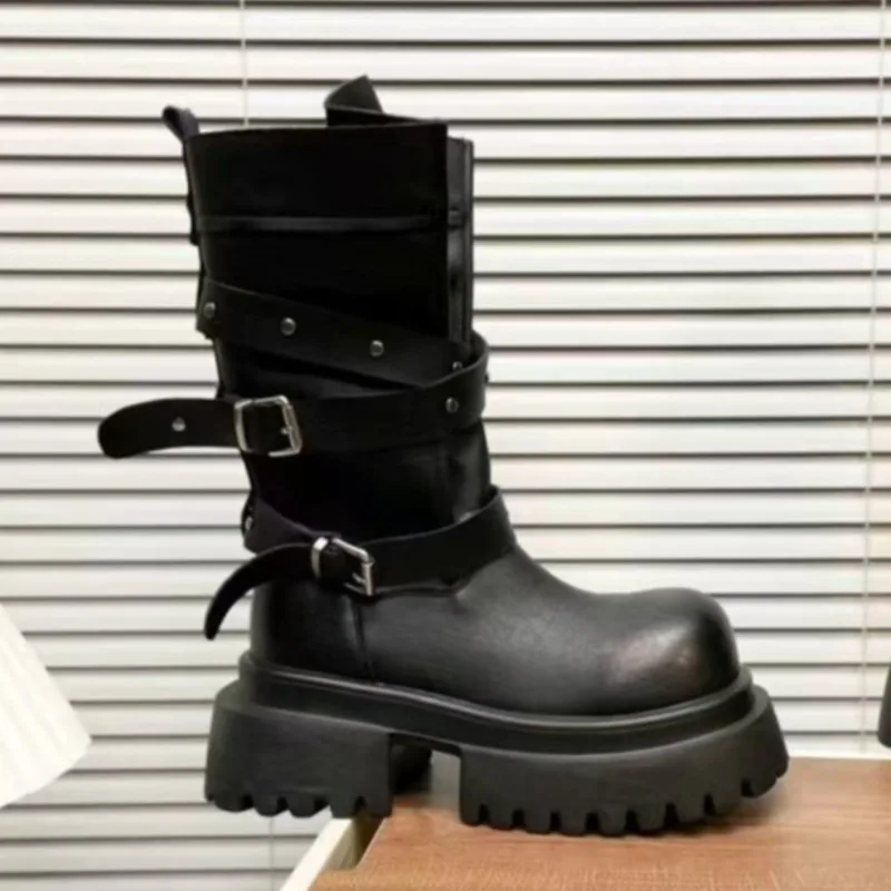 

Platform Women Mid Heels Mid Calf Boots Designer Elegant Winter New Shoes 2025 Fashion Buckle Long Boots Dress Party Zapatillas