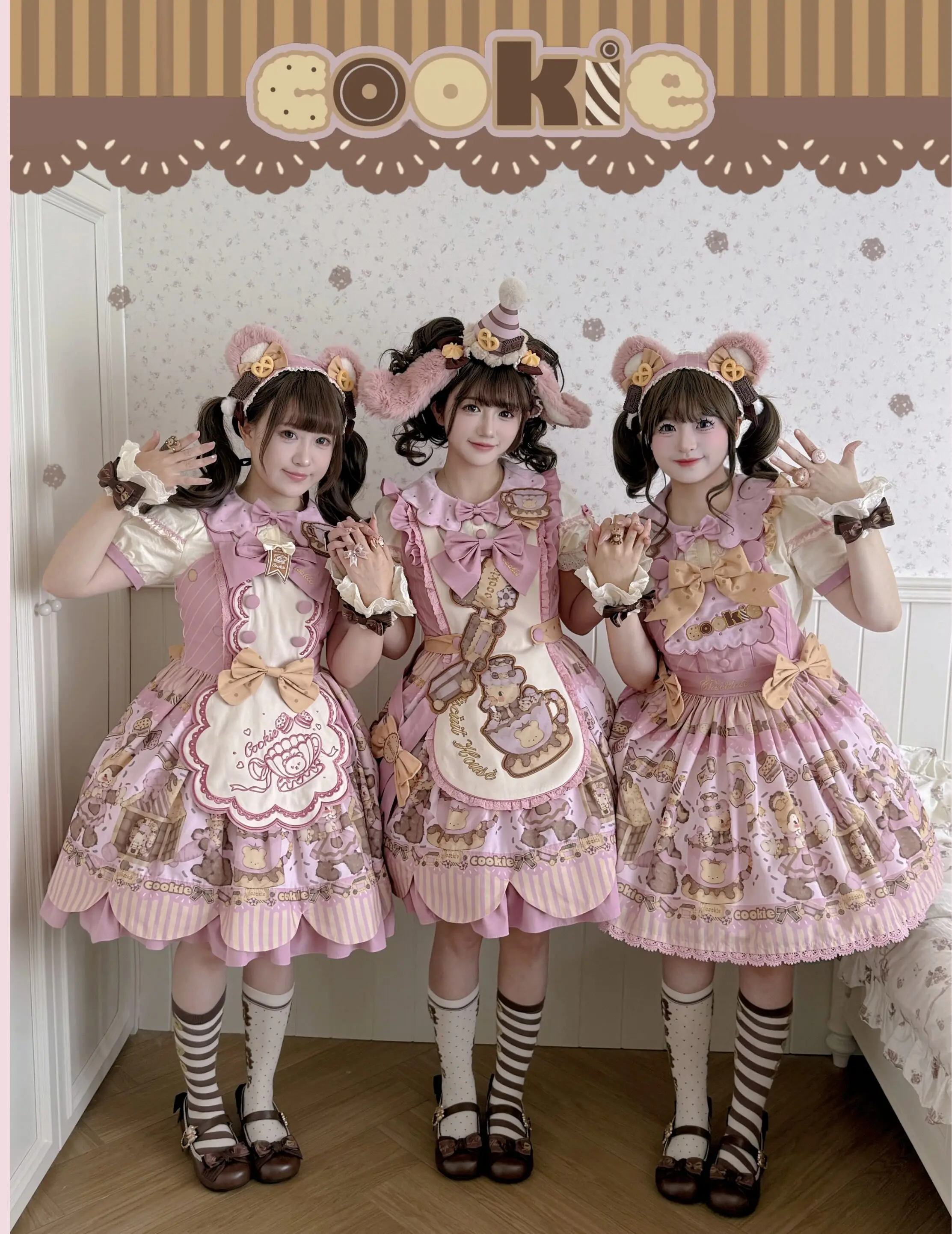 

Bear Biscuit SP - Kawaii Lolita Bear Printed Dress Set with Bows by Star Fantasy PRE ORDER / 3 months