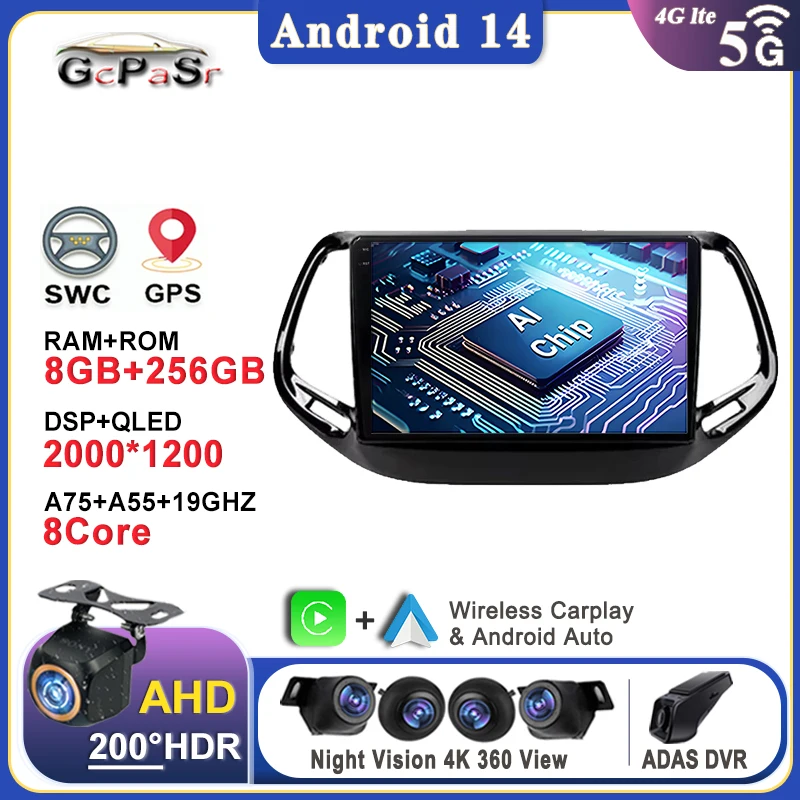 

Car Stereo Android 14 For Jeep Compass 2 MP 2016 2017 2018 2019 Auto Radio Multimedia Video Player No 2 Din DVD Navigation GPS