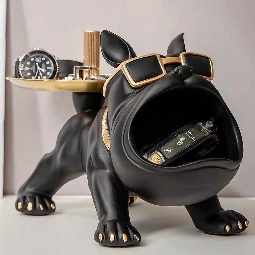 Decoración de Bulldog francés con bandeja, estatua de perro de boca grande, caja de almacenamiento, escultura de resina Animal, regalo artístico de