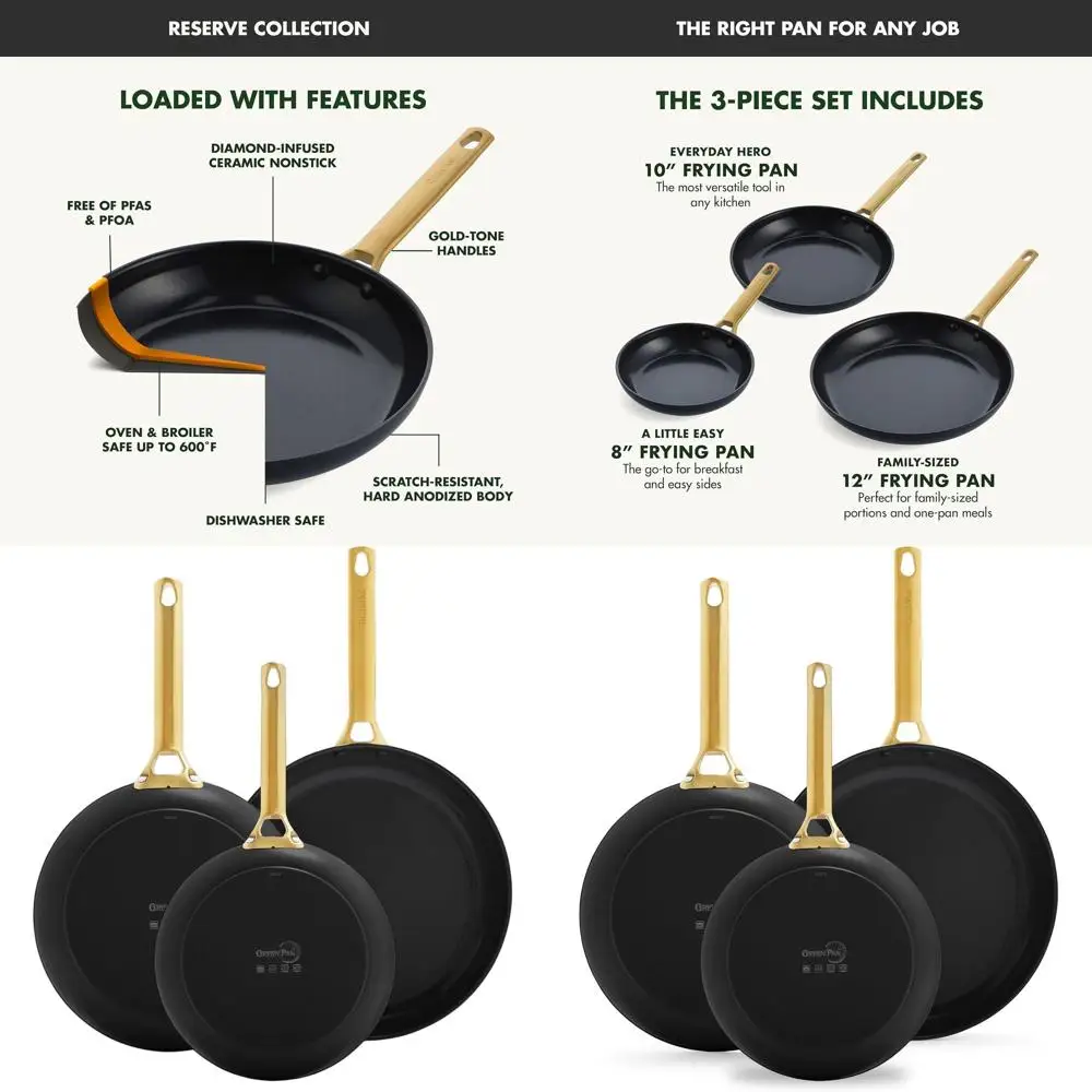 

3-Piece Nonstick Ceramic Skillet Set: 8, 10, 12 with Gold Handles, PFAS-Free, Dishwasher & Oven Safe, Black