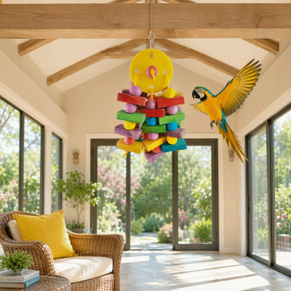 Hanging Hanging Design Parrot Swing Wooden Blocks Chewable Material Bird Chew Entertaining Feature Hanging Wooden For Parrots