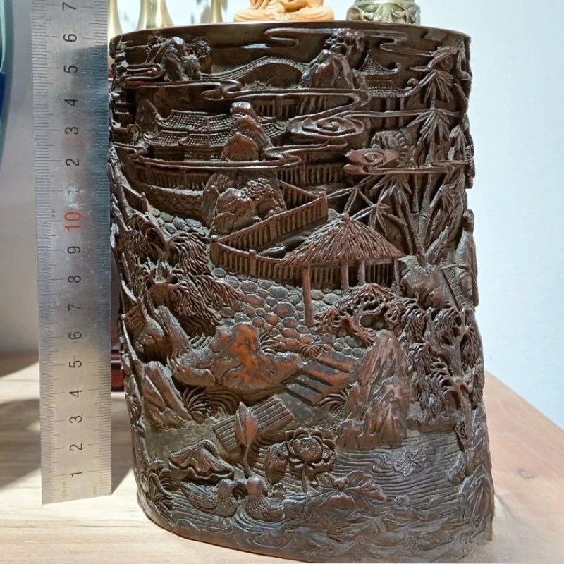 Su Gong's large copper pen holder is full of carvings, about 3 kg of study pen holder