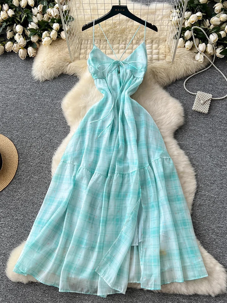 French style Plaid Suspender Sexy Dress Women Temperament Split Big Swing Backless Fairy Long Dress Summer Sweet Green Dresses