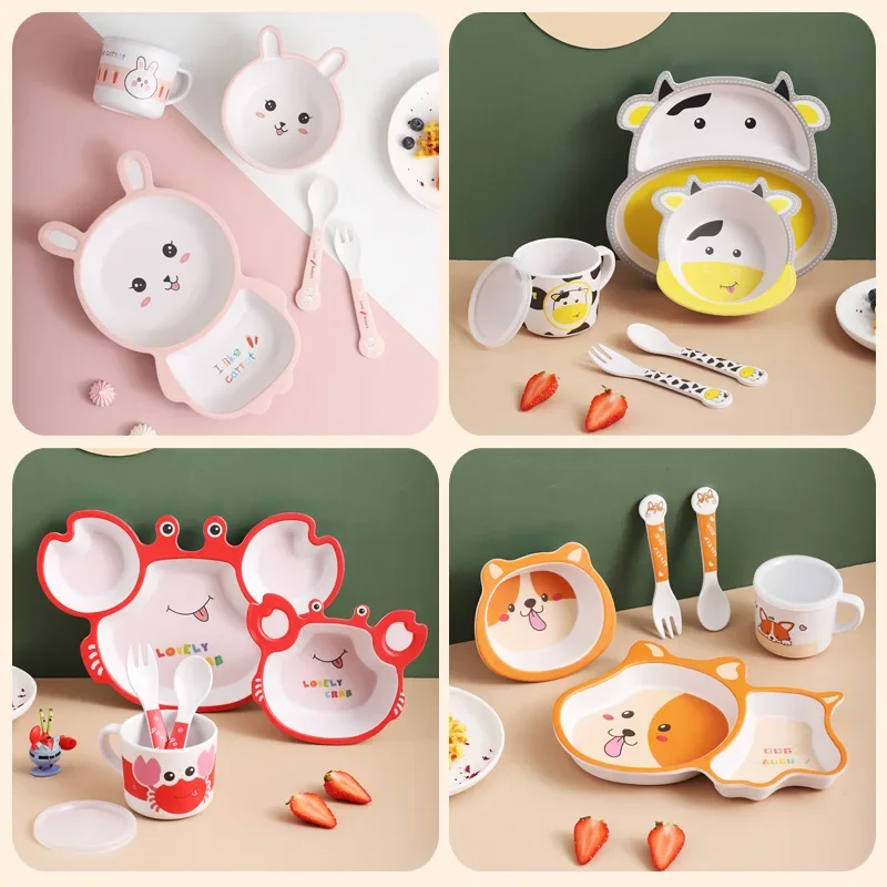 5pcs/set Cartoon Animal Dish Tableware Set Natural Bamboo Fiber Bowl With Cup Spoon Plate Fork Feeding Dishes for Kids Utensils