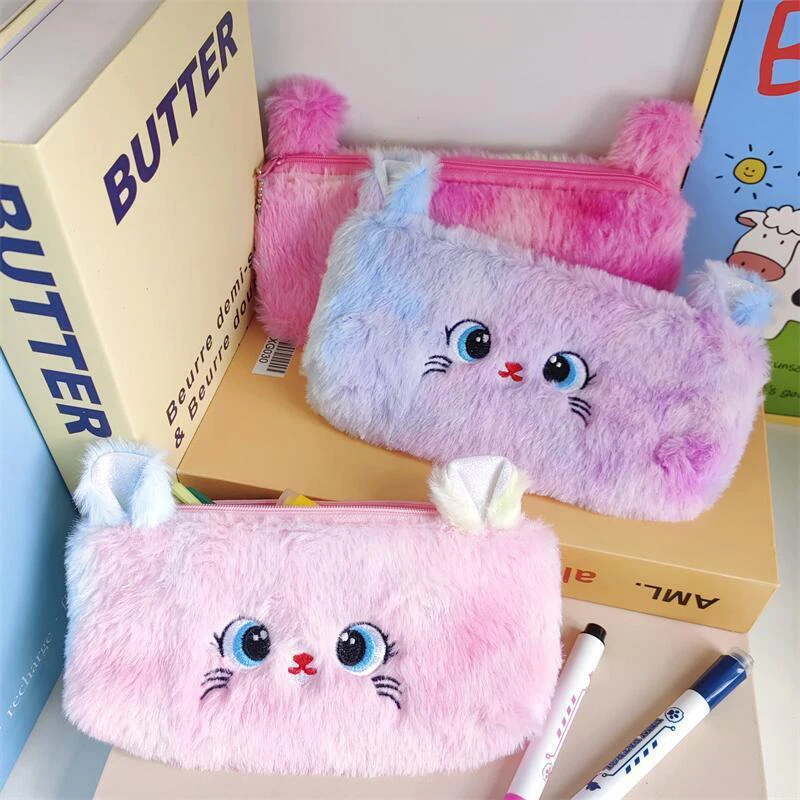 Bonito Gradiente Cor Gato Plush Pen Bag para Meninas, Estojo de grande capacidade, Coração Papelaria Fornecimento, Saco De Armazenamento, Porta-moedas, Novo Cartoon