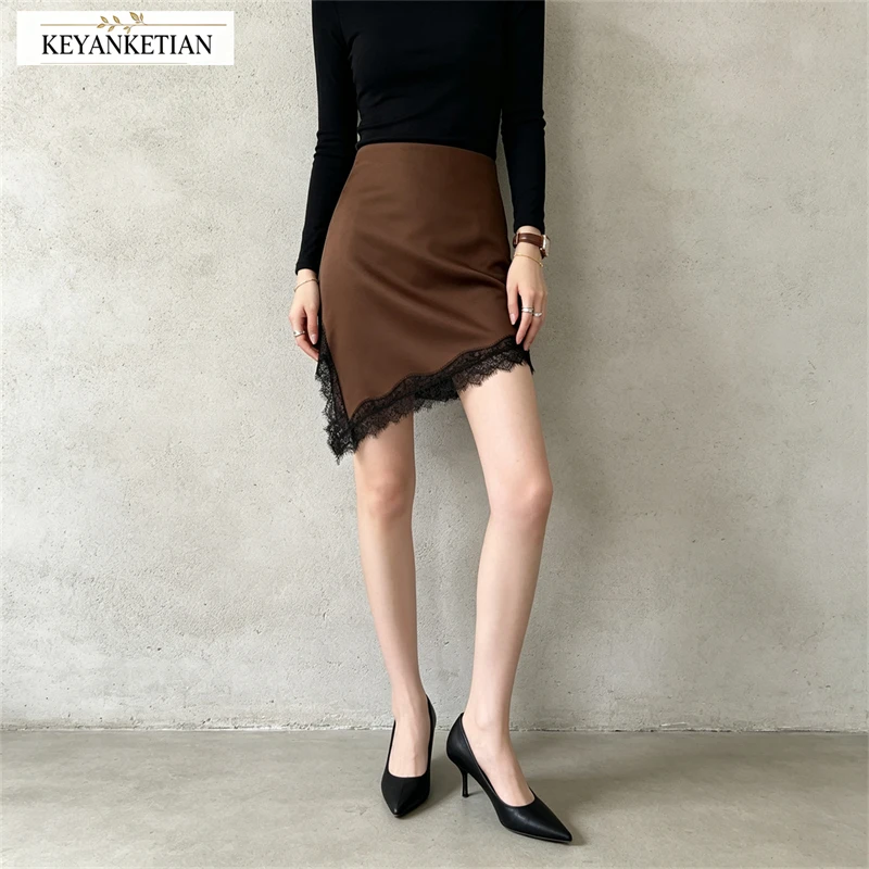 KEYANKETIAN 2026 Autumn Elegant Satin Women Mini Skirt High Waist Irregular Hem Eyelash Lace Trim Slim Fit Ladies Casual Skirt
