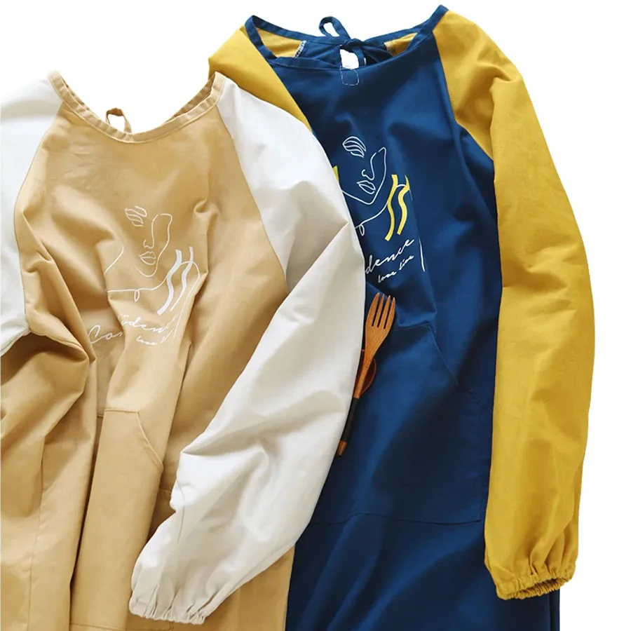 

1 PC Color Blocked Long Sleeved Apron with Adjustable Waist and Neck Straps, Suitable for Home Cleaning, Cooking, Gardening