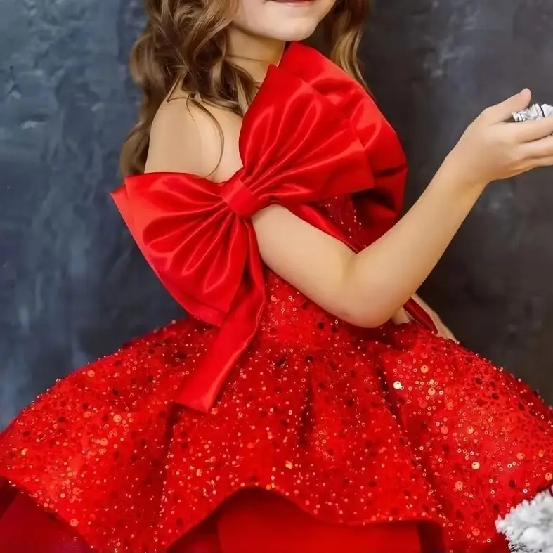 Red Off-Shoulder Girls' Dress Oversize Bow Embellishment Flower Girl Gown Party Dress Princess Dress Elegant Girls' Dress