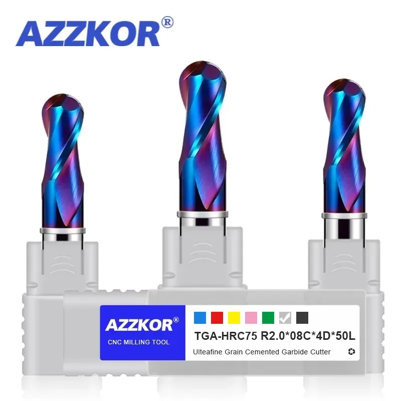 AZZKOR TGA-HRC75 2-Flute Ball End Mill Tungsten Steel Carbide Blue Nano Coating CNC Mechanical Machining Milling Cutter Tools