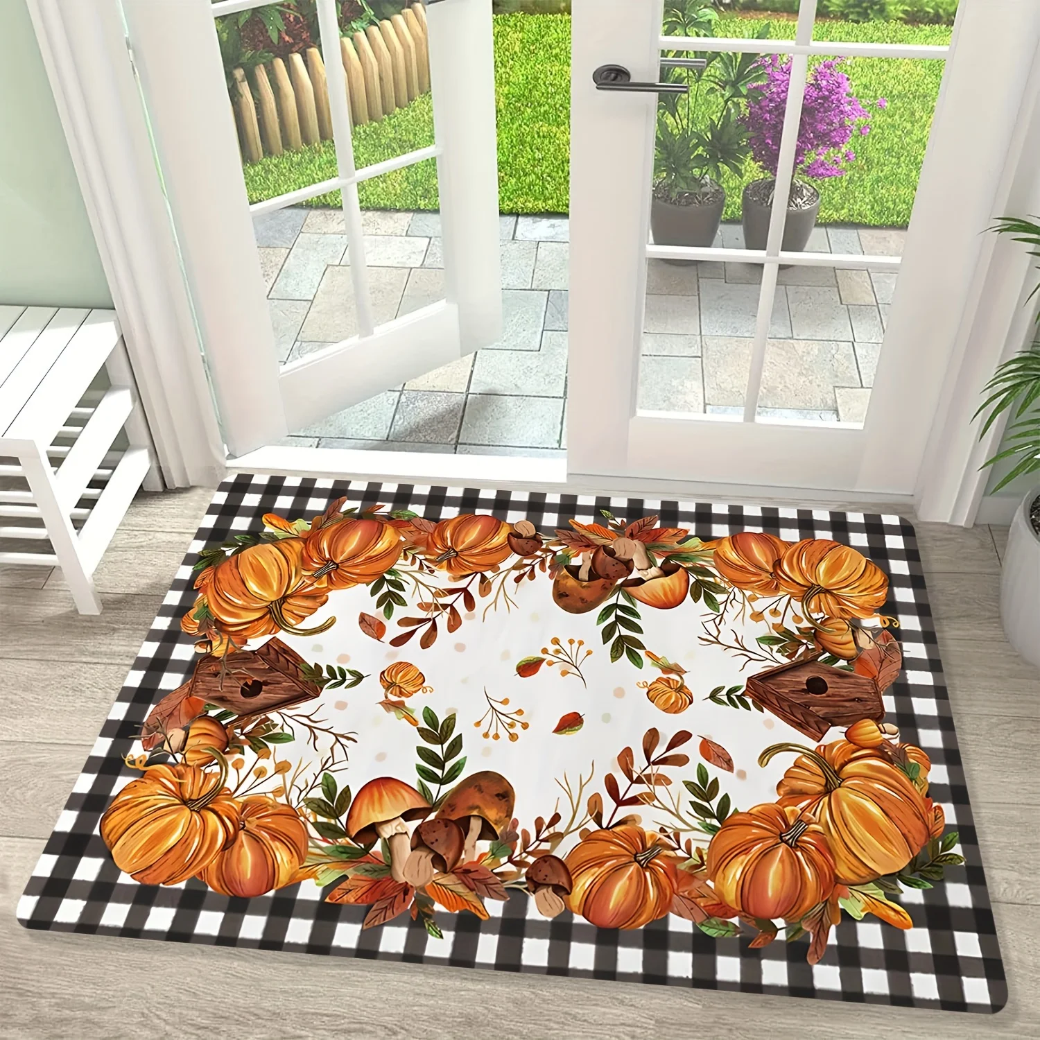 Fall Thanksgiving Pumpkin Doormat, Buffalo Plaid Maple Leaf Non Slip Rug, Washable Kitchen Living Room Carpet