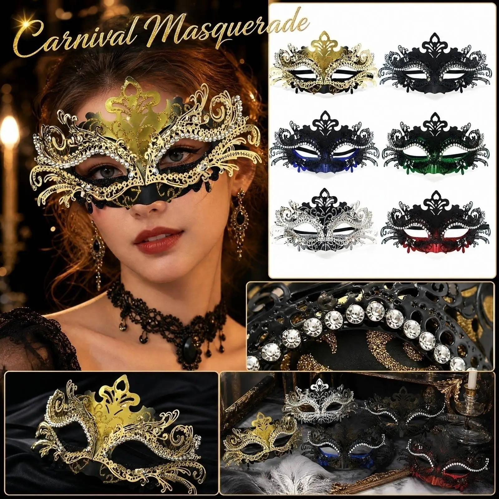  Halloween Luxury  Half Face Masks Rhinestone-Studded Carnival Party Mask with Peacock-Tail Design Wrought Iron Frame Mask