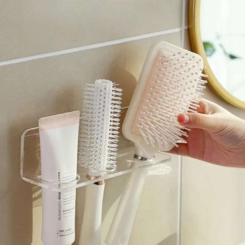 1 Stück wandmontierter Haarbürstenhalter aus Acryl – Badezimmer-Organizer aus durchsichtigem Kunststoff |   Bohrfreies Aufbewahrungsregal für Waschtische |   Hält Kämme fest