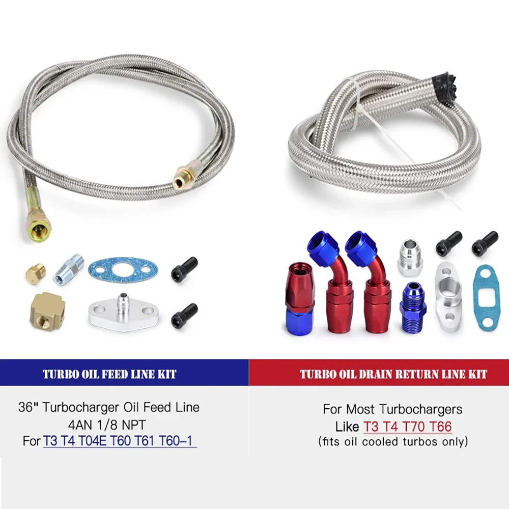 Universal Turbo Charger Oil Feed Line Oil Return Line Oil Drain Pipe Complete Kit Compatible with T3 T4 T3/T4 T70 T66 T04E Silve