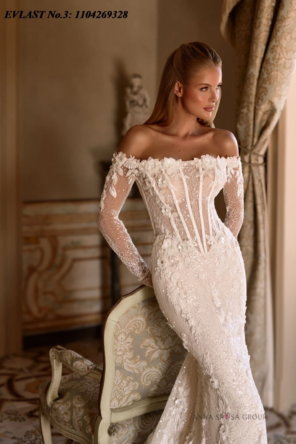EVLAST مخصص خمر حورية البحر فستان الزفاف كم طويل الدانتيل زين الديكور مثير فستان زفاف Vestidos De Novia E3W74