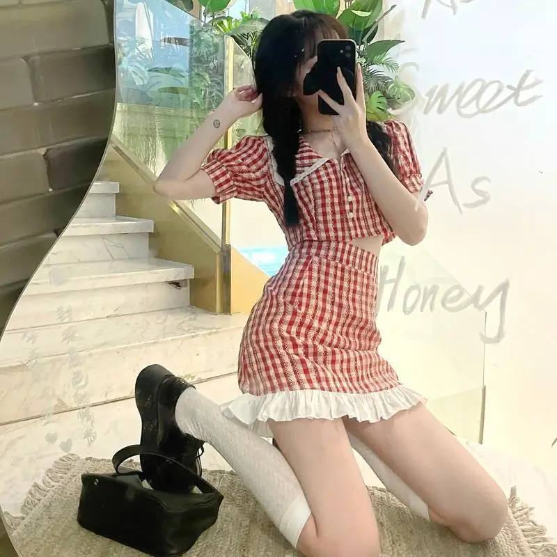 

Patchwork Plaid Peter Pan Collar Short Puff Sleeve Shirt Women High-waisted A-line Skirt Summer Sweet Chic Slim Two Pieces Set