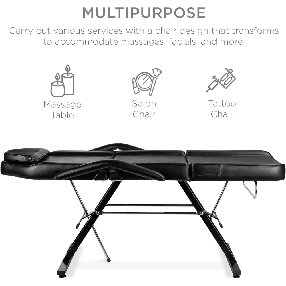 71in 3-Section Multipurpose Massage Bed, Tattoo Chair w/Hydraulic Stool, Removable Headrest, Facial Cradle, Towel Hanger, Tables