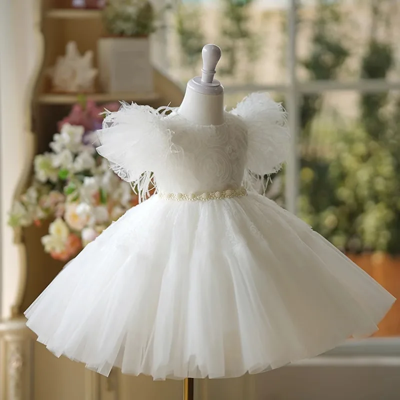 

2024 Flower Girl Dress Wedding white luxury Feather With Pearls Bow Puffy Tulle Birthday Party First Communion Gowns