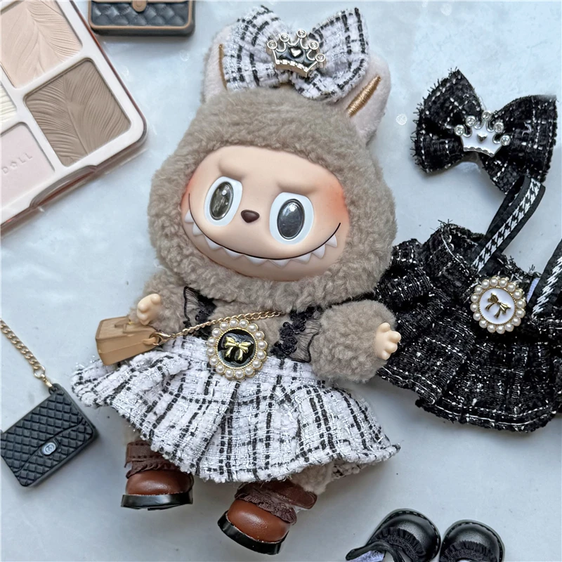 

15 17cm For Labubu Doll Hight Quailty Clothers Grid Style Small Fragrance Dress Clothing Luxury Bag CryBaby Sitting Party Series
