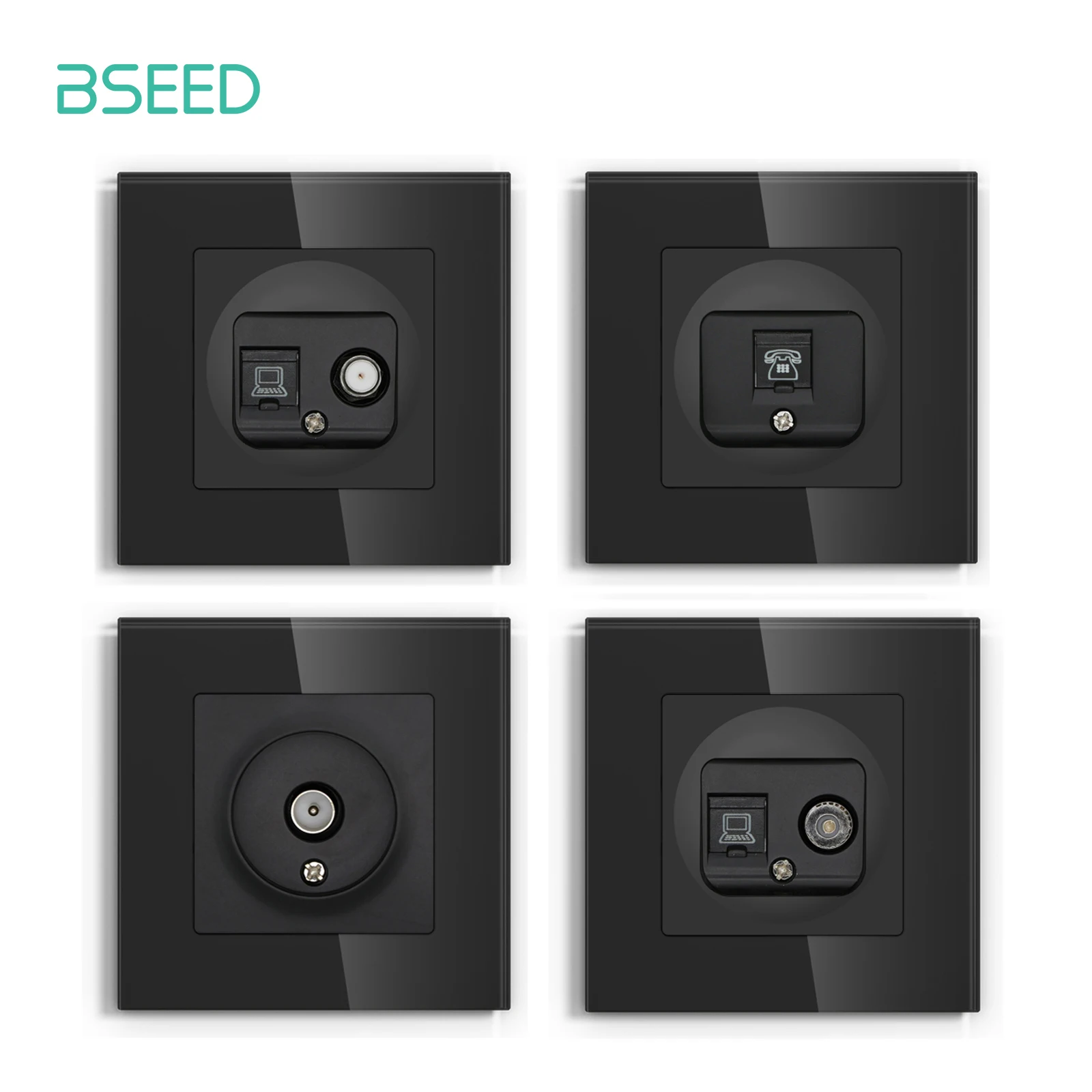 BSEED TV Port RJ45 Internet Plug Wall Power Socket Satellite Outlet Glass Frame Black Color for TV Telphone Computer