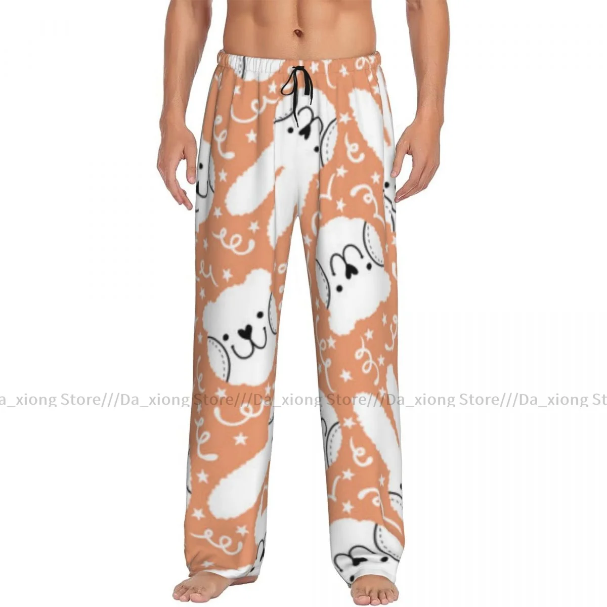 Mens Casual Pajama Long Pant Loose Elastic Waistband Cartoon Rabbit And Bear Pattern Cozy Sleepwear Home Lounge Pants