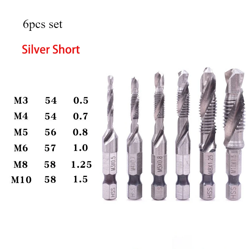 6pcs M3-M10 Screw Tap Drill Bits Hss Taps Countersink Deburr Set Metric Combination Bit High Speed Steel 1/4 IN Quick Change Hex