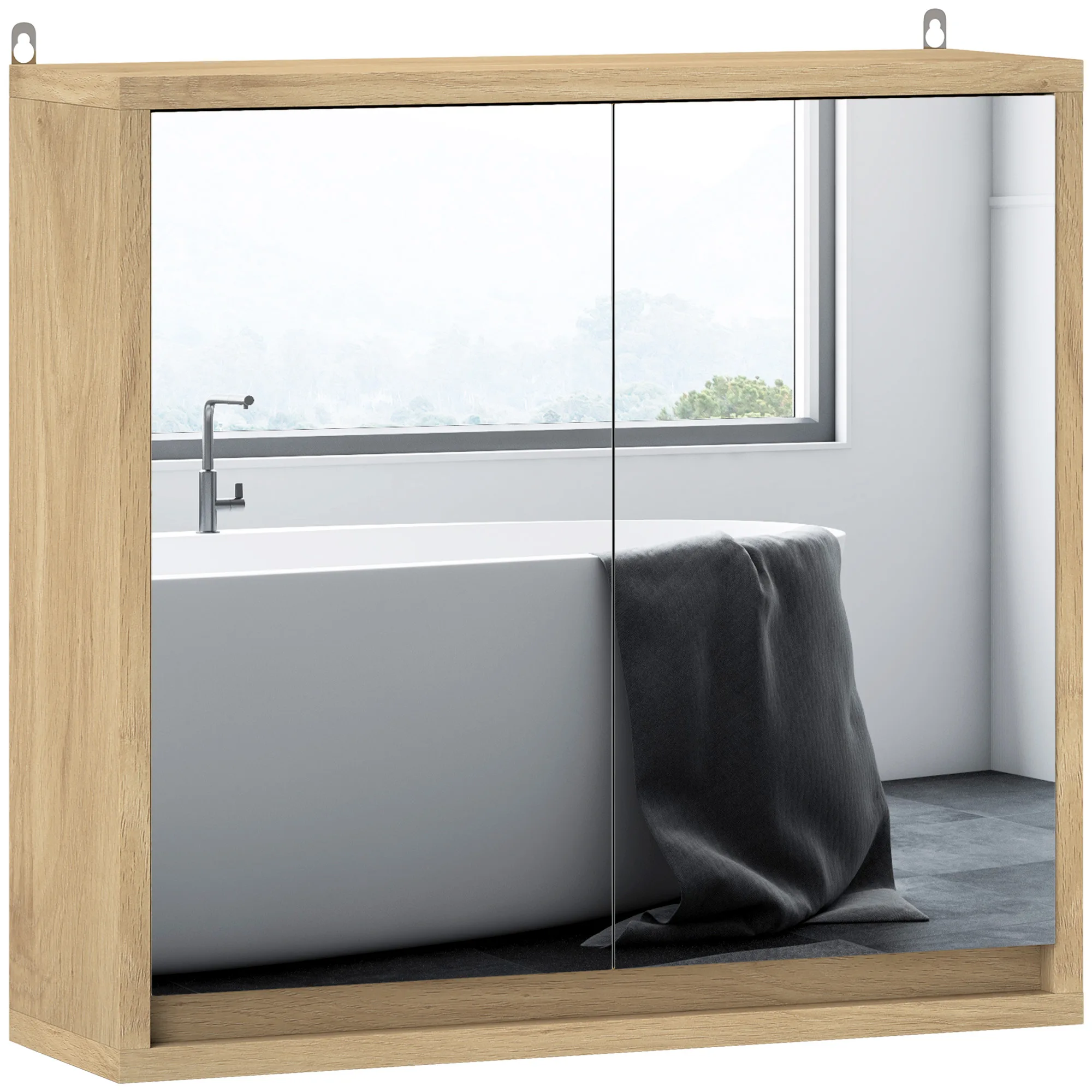 HOMCOM Armario de Baño con Espejo con 2 Puertas y Balda Ajustable Mueble Colgante de Estilo Moderno 48x14,5x45cm Natural
