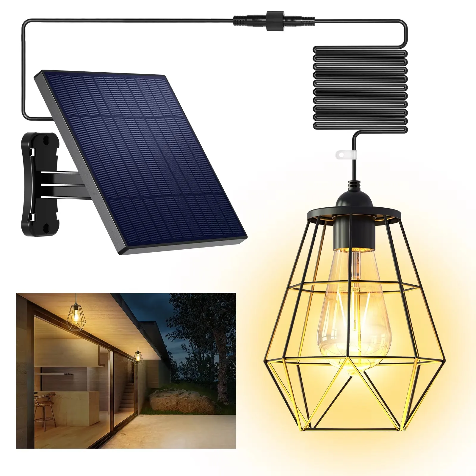 intelamp Solar-Schuppenleuchte mit 4000mAh Akku, schwarzer Metallkorb, Solar-Pendelleuchte, Solar-Kronleuchter mit 5m Kabel, Hängeleuchte für Garten, Hof, Pavillon, Scheune, Hühnerstall