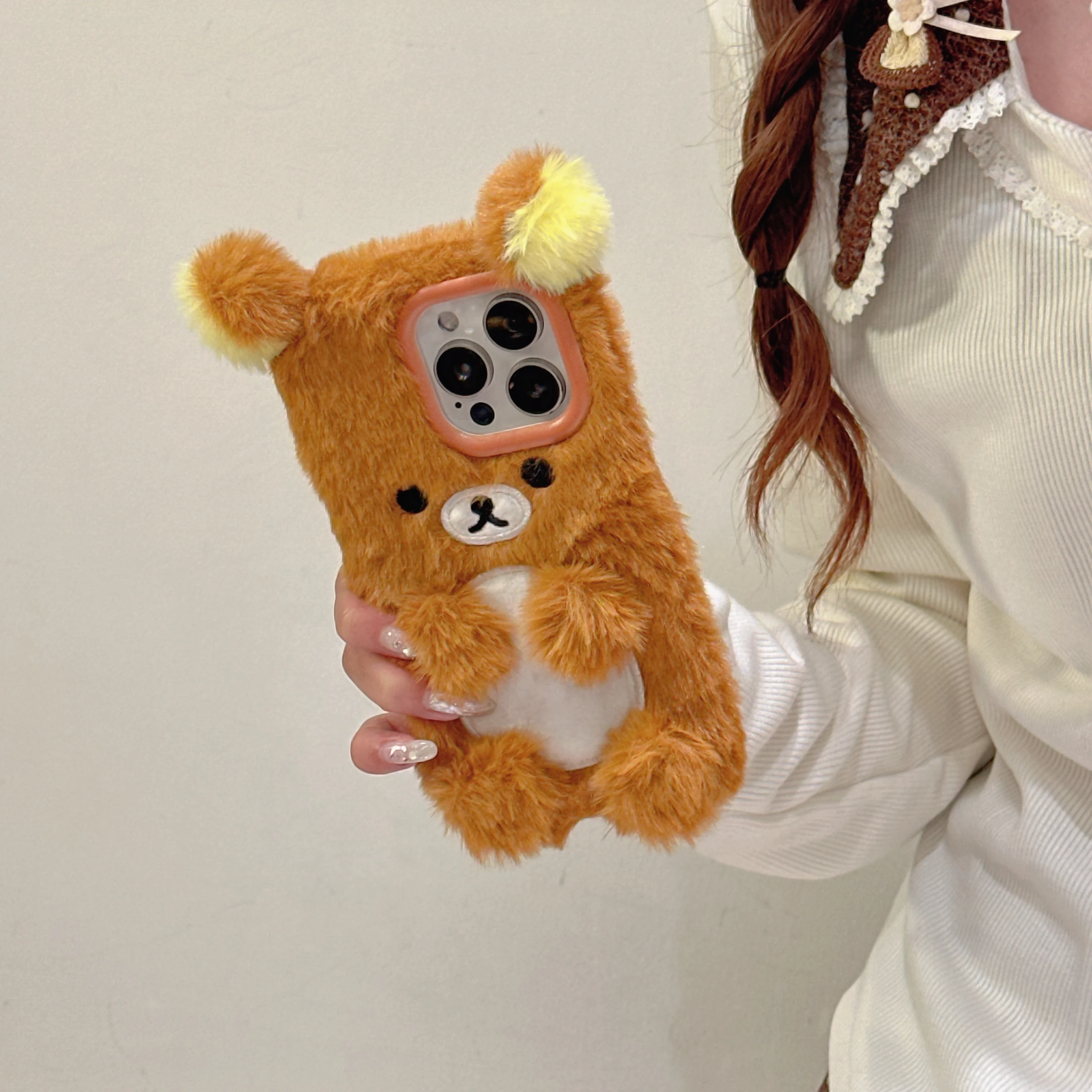 New cute fluffy brown bear phone case for IPhone 16 16pro 16promax 15 15pro 15promax 14 14pro 14promax 13 13pro 13promax