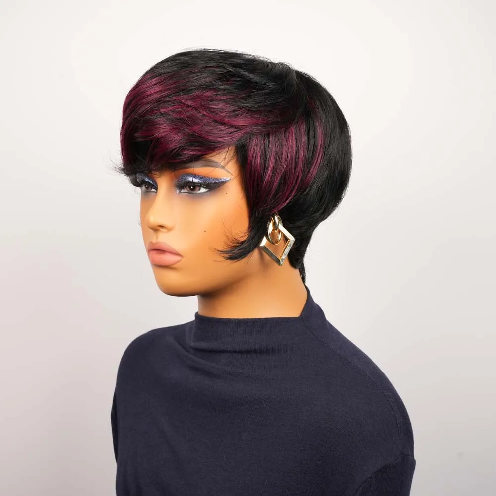 짧은 스트레이트 픽시컷 가발 블랙 버건디 보브 가발 앞머리 포함 기계 제작 브라질 레미 인모 가발 흑인 여성용