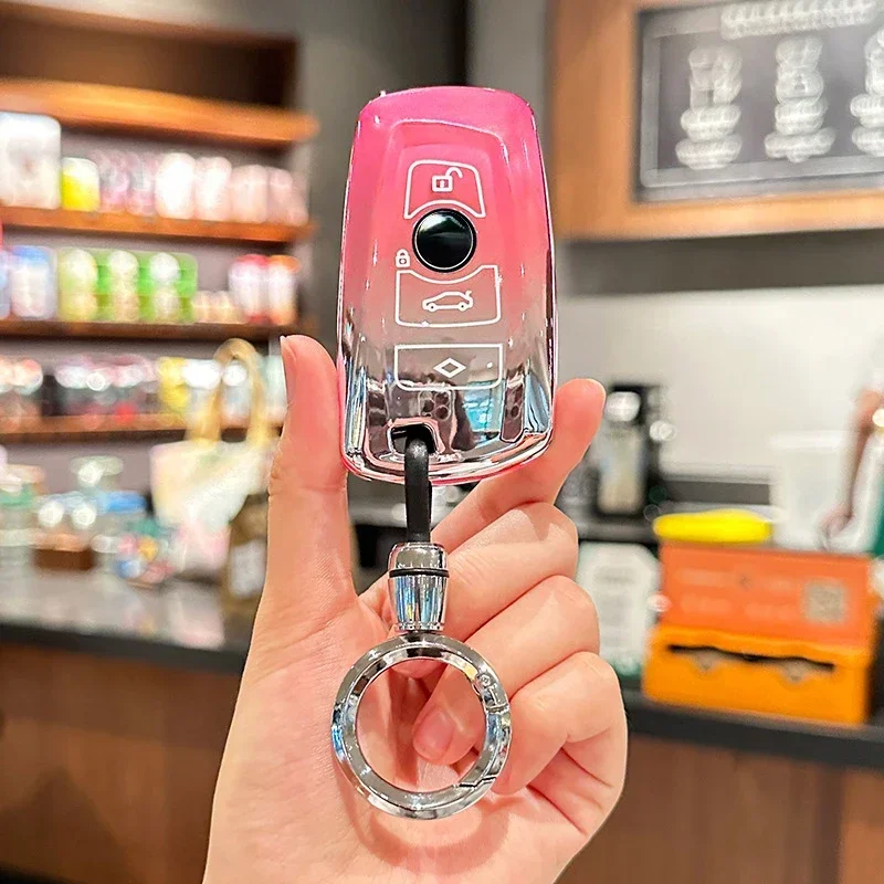 For BMW TPU Car Key Cover Gradient Pink x3/x5/5 Series New 3 Series i3 Key Decoration Modification All-inclusive Protective Case