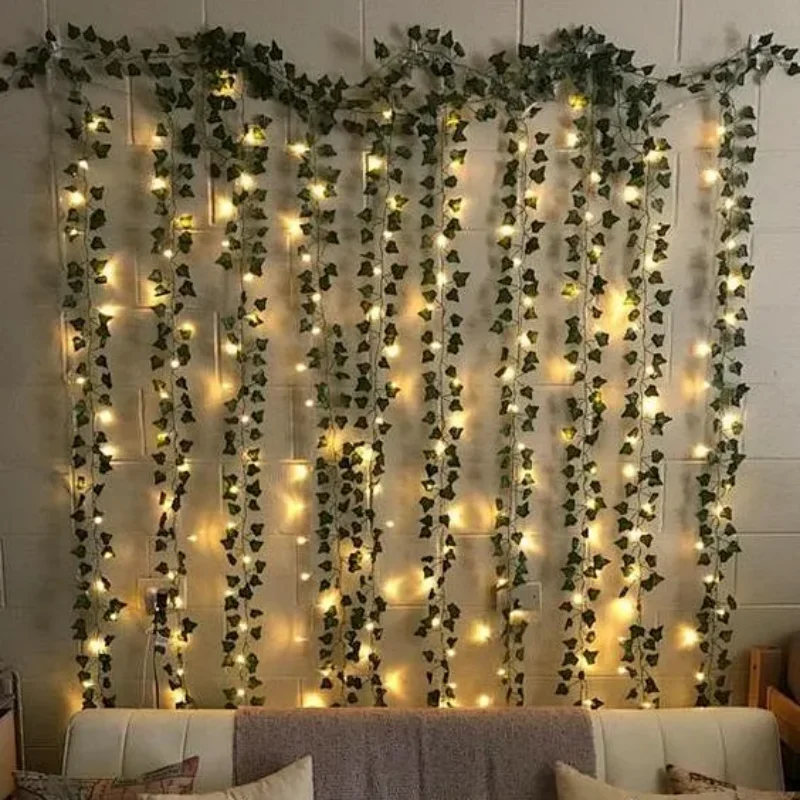 リアルな緑のつる植物1パック、20個のLEDストリングライト付き、屋内外装飾、新年、壁、家、部屋、オフィス、誕生日パーティー用