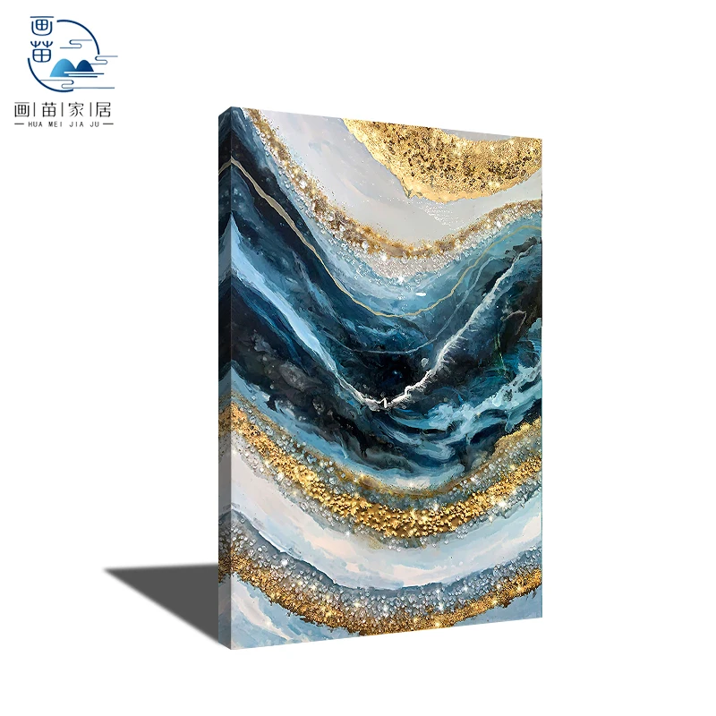

100% Hand-painted Living Room Wall Abstract Blue Gold Marble Texture Abstract Handmade Oil Painting on Canvas