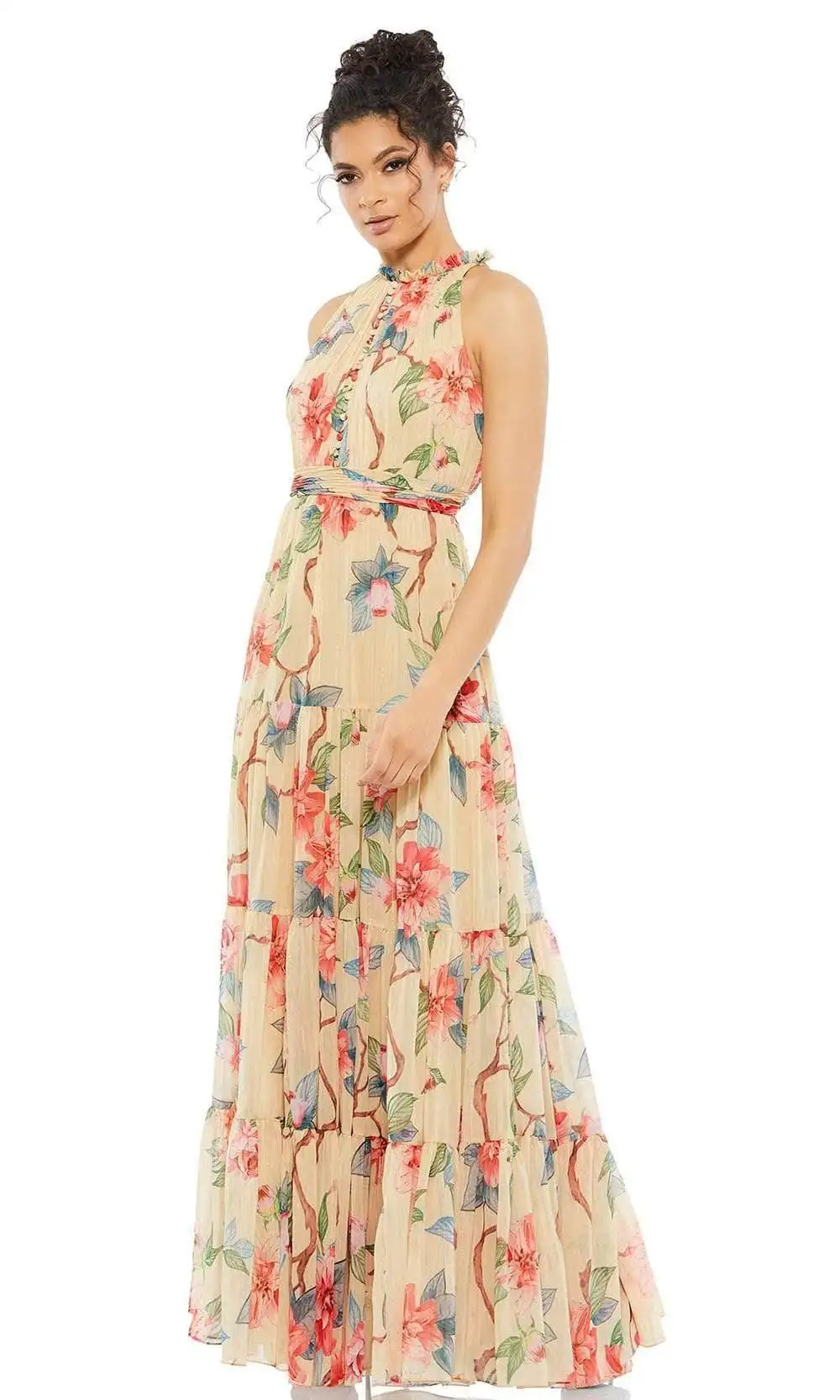 Vestido de noche largo sin mangas con estampado Floral, traje Sexy plisado de cuello alto con volantes, cola de barrido, invitados de fiesta de boda