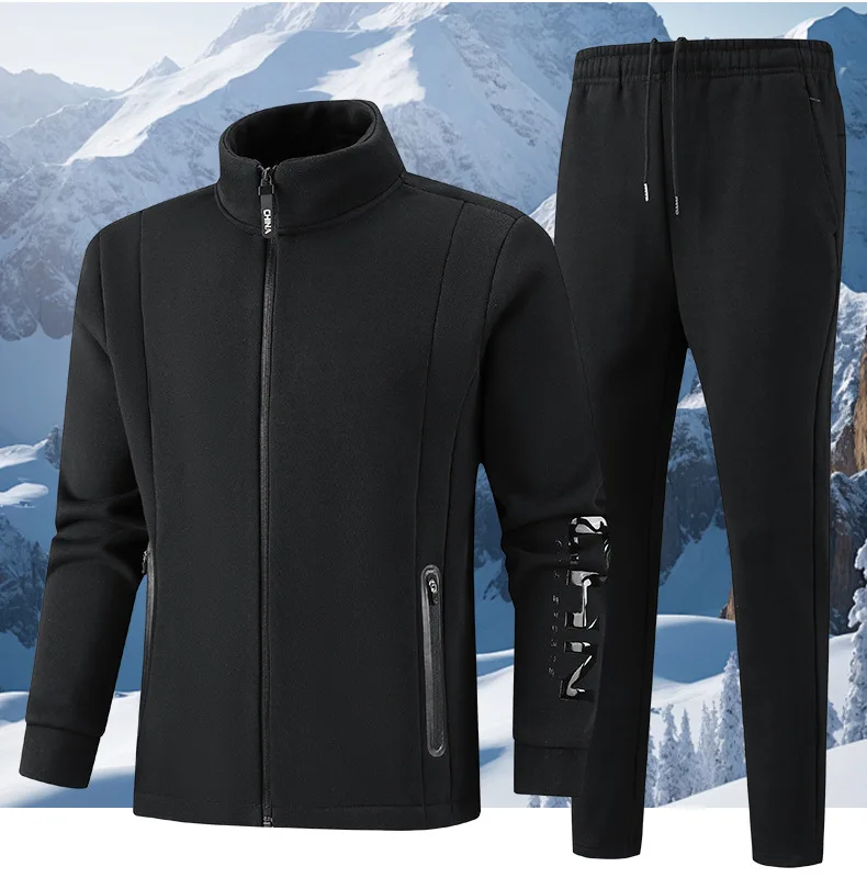 Men's Outdoor Fleece Sportswear Jogging 2-Piece Running Set Breathable Jacket Thicken Tracksuits Camping Training Sport Clothing