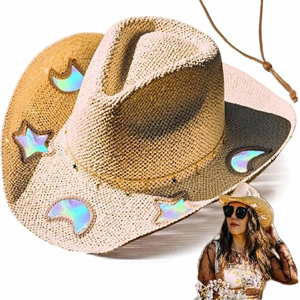 

Suncatcher Cowgirl Straw Prism Hat Cowboy Hat Handmade Weave Women Straw Cap Wide Brim Women's Fashion Sun Hat for Summer Beach