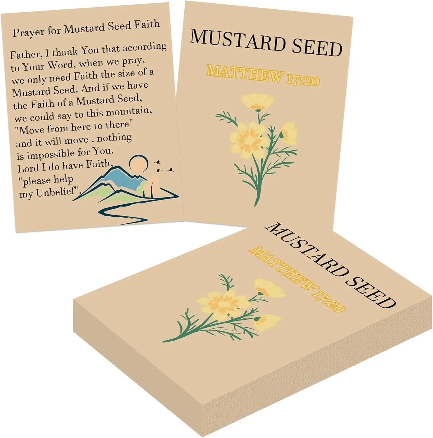 Paquete de 50 tarjetas sagradas de semillas de mostaza, tarjeta de oración cristiana de 3,2 × 4,5 pulgadas, tarjetas de fe de doble cara, Matthew 17: 20 Kit de oración de fe