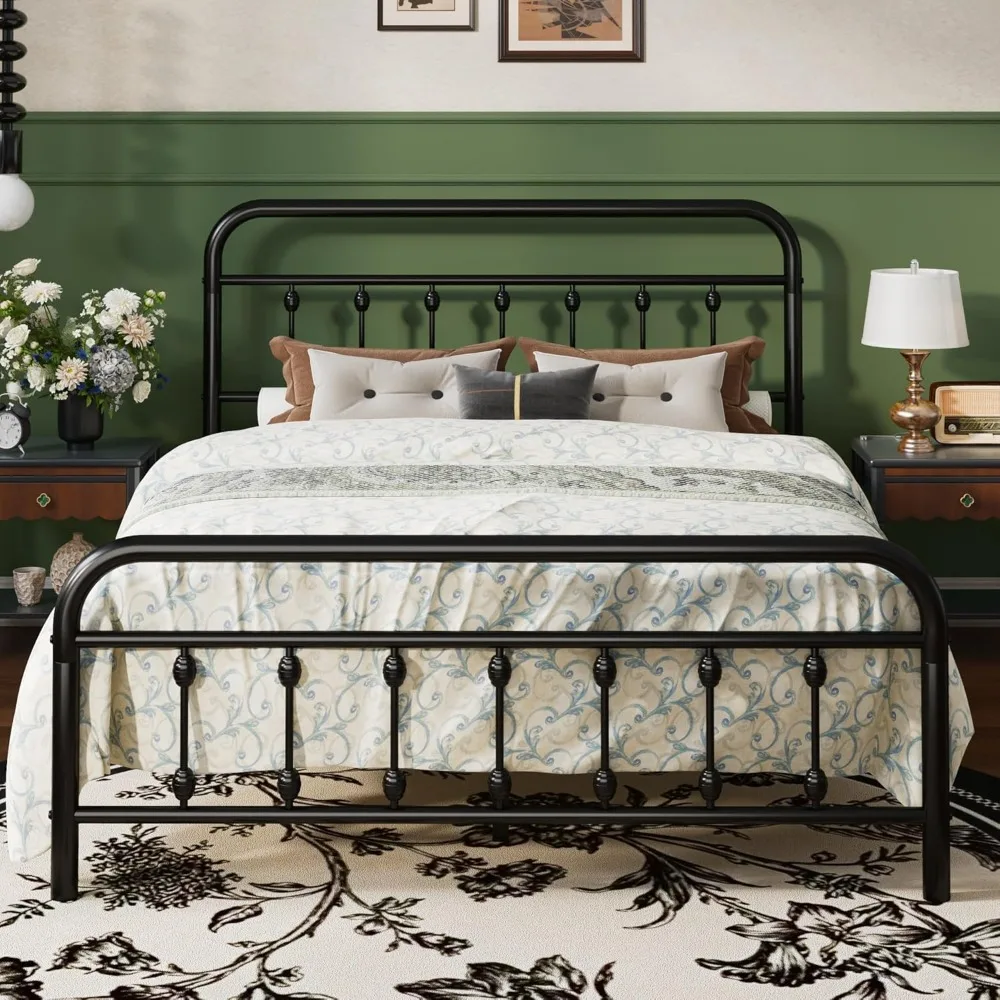 

Queen Size Metal Platform Bed Frame with Victorian Style Iron-Art Headboard and Footboard, Easy Assembly, Under Bed S