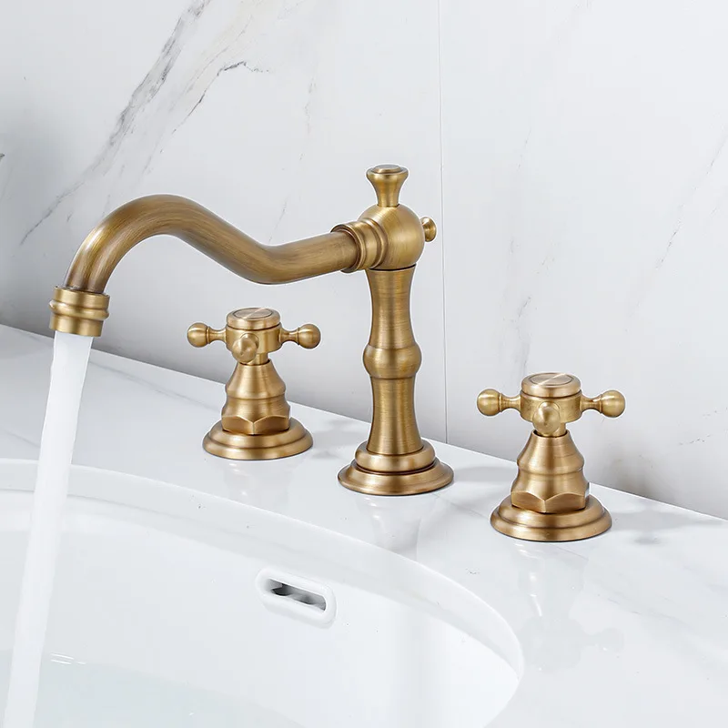 Antique Brass Bathroom Faucet 3 Holes Basin Faucet Deck Mount Tap Hot Cold Water Double Control Handles Basin Sink Mixer Taps