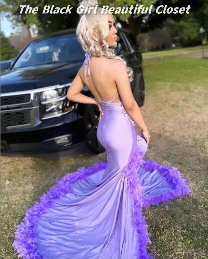 Light Purple Halter Cocktail Dresses Black Girls Backless Strappy Prom Dresses High Slit Feather Ruffle Party Dresses