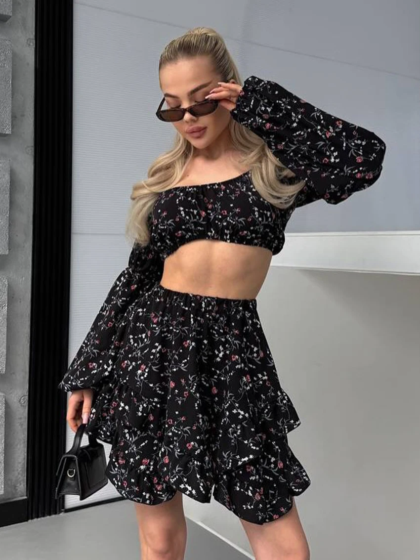 

Marthaqiqi Printing Female Nightgowns Suit Long Sleeve Pajamas Slash Neck Nightie Crop Top Sleepwear Skirts Casual Nightwear Set