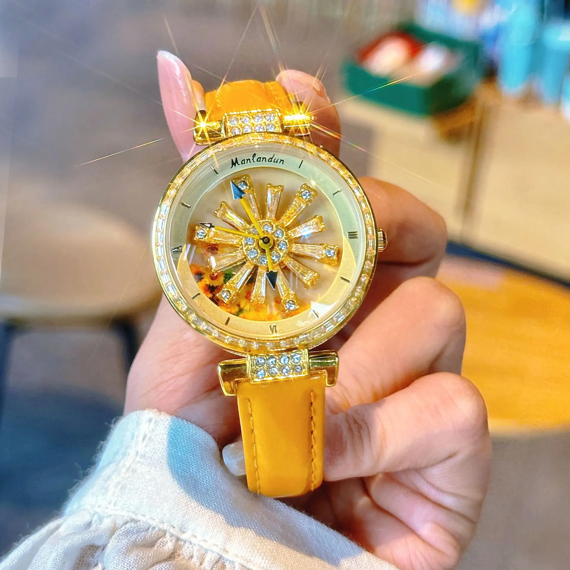 Sunflower Rotation Dial Quartz Women Watch Genuine Leather Strap Antique Watch