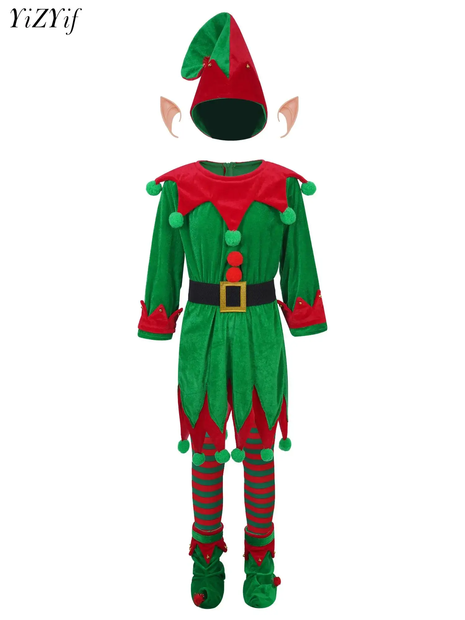 6Pcs Boys Girls Christmas Deluxe Costume Elf Ears Bells Pompoms Xmas Hat Elf Dress Belt Shoes Covers and Striped Stockings Set