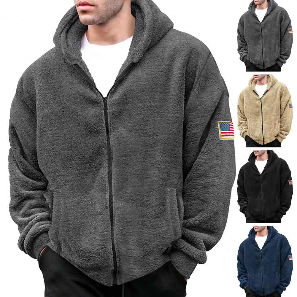 

Solid Color Thermal Insulation Jacket Men's Thick Plush Hooded Winter Coat with Zipper Closure Windproof Badge Decor for Fall