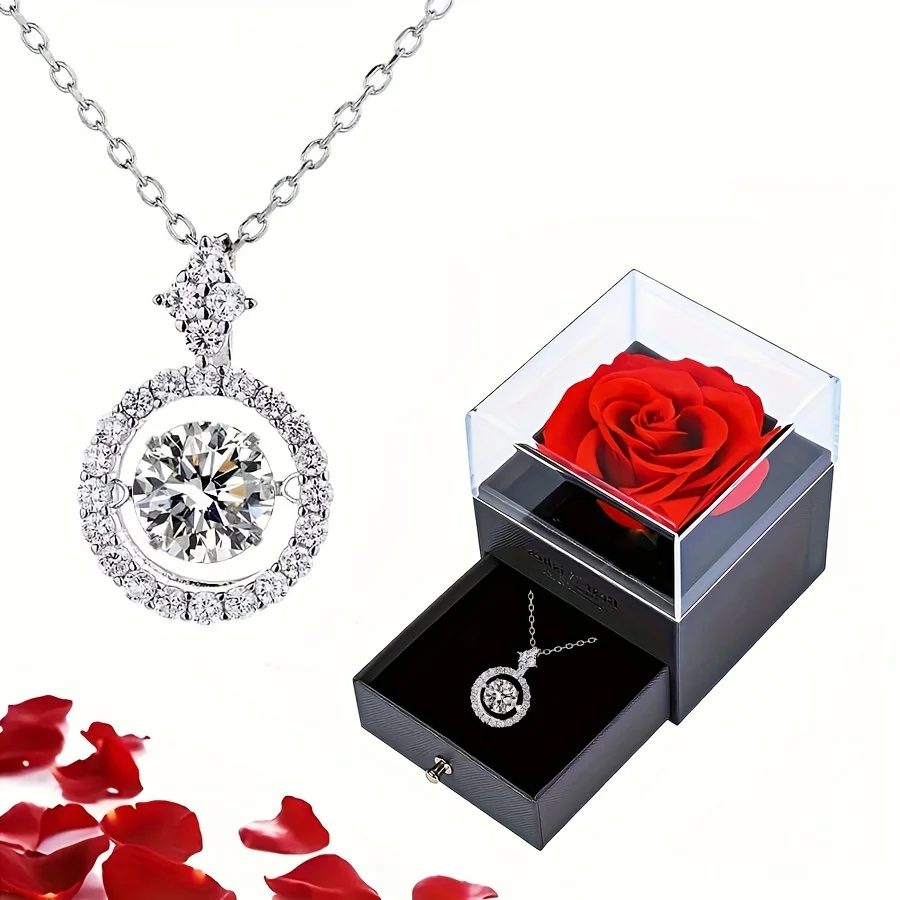 Luxury Zircon Necklace With Rose Gift Box Fashion Round Pendant Jewelry For Women Wife Mom Girlfriend 2024 New Wedding Gifts