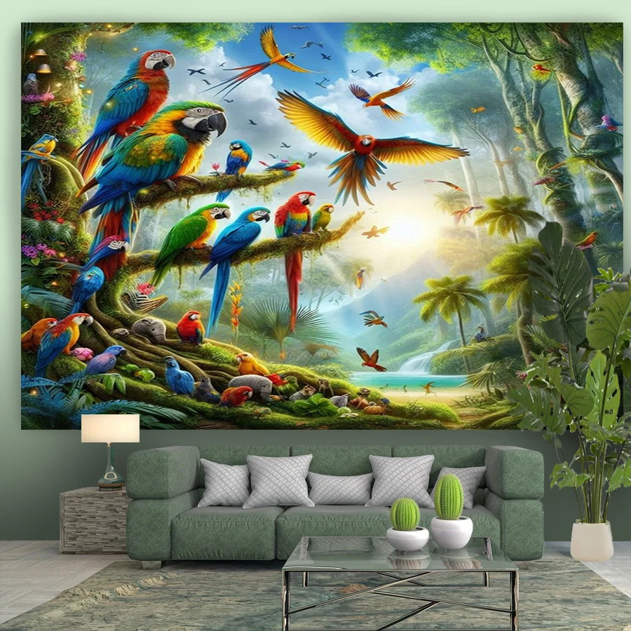 1PC Macaw Parrot Jungle Art Print Backdrop Banner, Bedroom Living Room Photo Background, Polyester, Home Decor, Wall Art